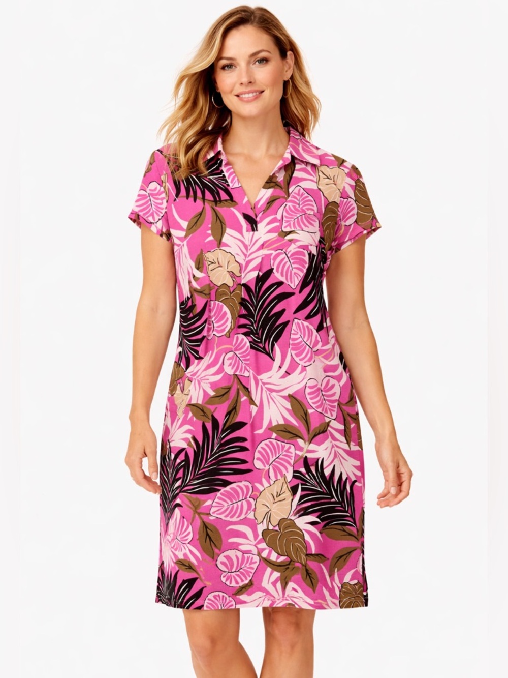 T by Talbots Pink and Black Tropical Print Top